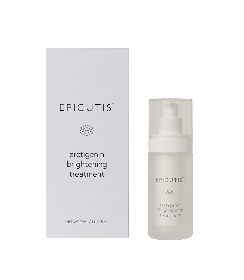Epicutis arctigenin brightening treatment bottle and packaging on a white background