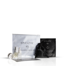 Epicutis skincare recovery care set with products and bags on a white background
