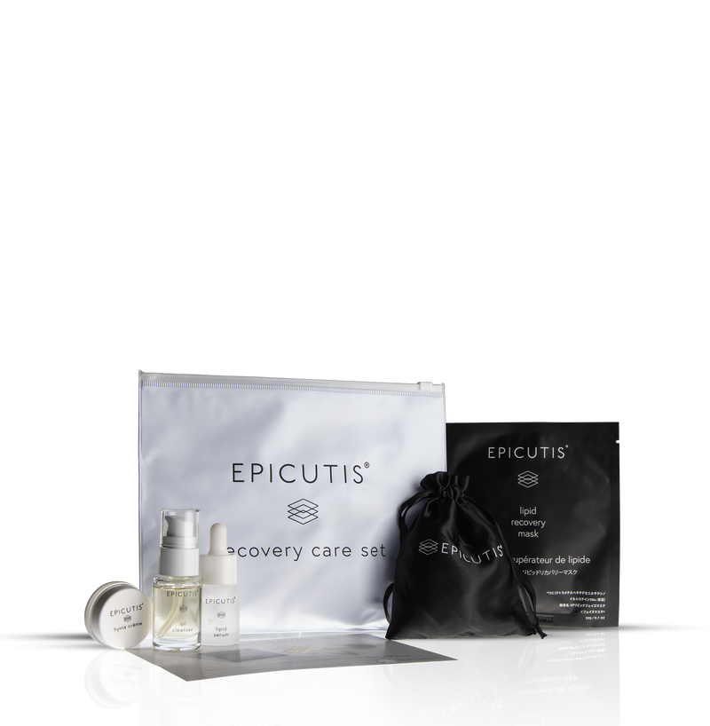 Epicutis skincare recovery care set with products and bags on a white background