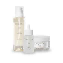 Epicutis skincare products including oil cleanser, lipid serum, and hyvia crème on a white background