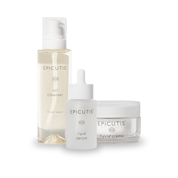 Epicutis skincare products including oil cleanser, lipid serum, and hyvia crème on a white background