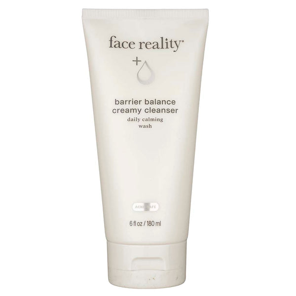 Tube of 'face reality' barrier balance creamy cleanser on a white background