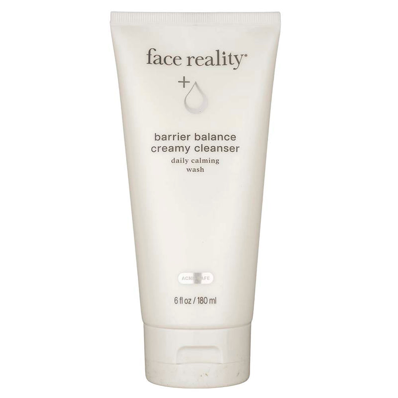 Tube of 'face reality' barrier balance creamy cleanser on a white background