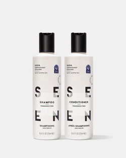 Two bottles of Sese shampoo and conditioner on a white background