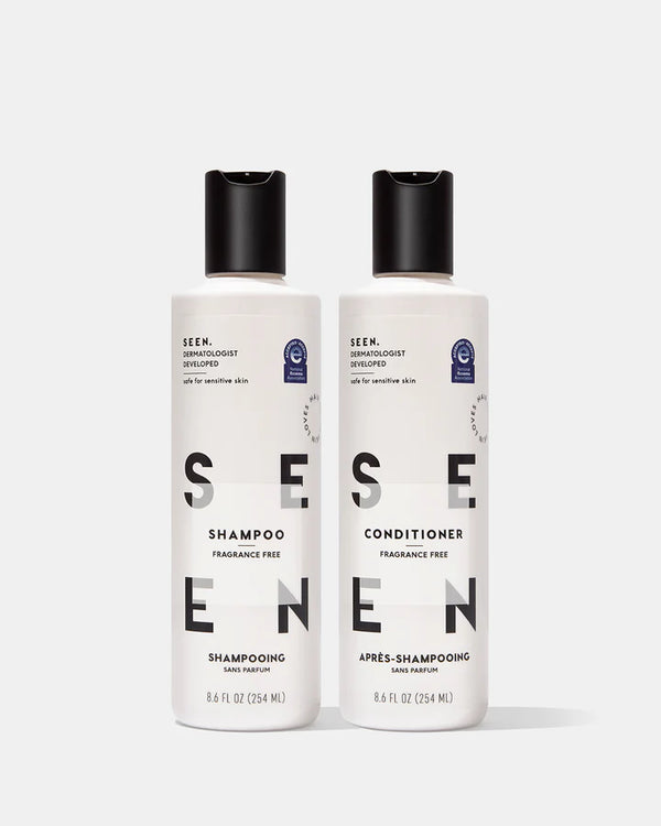 Two bottles of Sese shampoo and conditioner on a white background